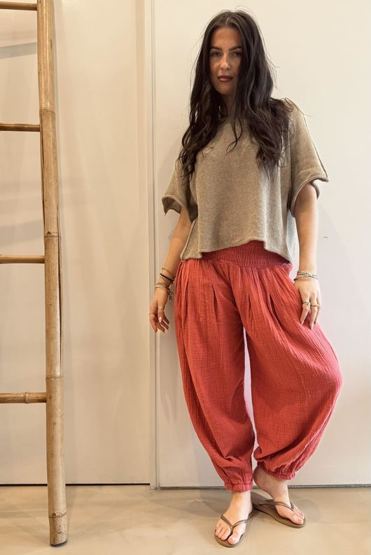 Annie Cushion Cotton Cuff Barrel Pant Rhubarb Rose